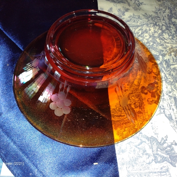 Orange Marigold Etched Carnival Glass Salad Bowl - Picture 3 of 7